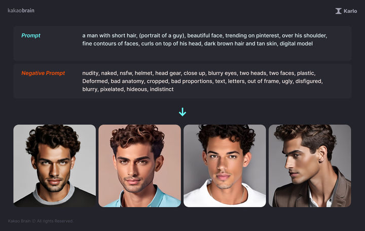 '칼로' 웹 서비스로 구현한 짧은 머리의 남자 프롬프트. (사진=카카오브레인 제공) *재판매 및 DB 금지