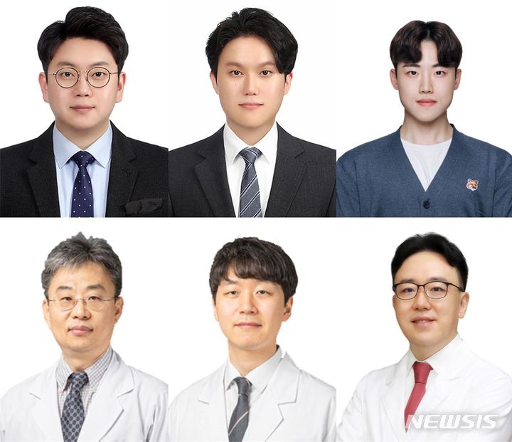 [성남=뉴시스]사진 상단좌측부터 시계방향으로 박준영 연구교수(제1저자, 가천대학교), 박준영(제1저자, 가천대학교 융합의과학과), 정용규(제1저자, 가천대학교 융합의과학과) 강동우 교수(교신저자, 가천대학교),박주환 교수(공동 저자, 길병원), 박연호 교수(공동 저자, 길병원)