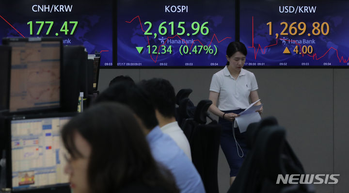 [서울=뉴시스] 김금보 기자 = 17일 오전 서울 중구 하나은행 딜링룸에서 딜러들이 업무를 하고 있다. 2023.07.17. kgb@newsis.com