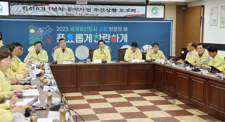 18일 고창군청에서 열린 '민선 8기 1년차 공약사업 추진상황 보고회' 심덕섭 군수가 군민이 체감할 수 있도록 속도감 있는 사업 추진을 당부하고 있다. *재판매 및 DB 금지