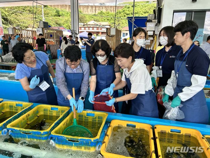 [거제=뉴시스] 홍정명 기자=경상남도수산안전기술원 '제2회 도민참여 수산물 방사능 검사'에 참여한 도민들이 25일 거제수협 성포위판장에서 경매 전 자연산 감성돔, 양태, 문어류를 직접 채취하고 있다.(사진=경상남도수산안전기술원 제공) 2023.07.25. photo@newsis.com