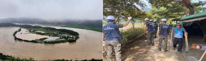 [안동=뉴시스] 침수된 예천 회룡포 마을과 복구에 나선 예천군과 주민들. (사진=경북도 제공) 2023.07.27  *재판매 및 DB 금지