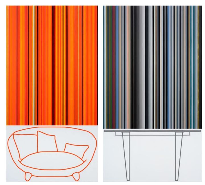 (왼쪽) 2023-오렌지색-소파, 2023, 캔버스 위에 아크릴, 257 x 133cm 사진 김상태 © 에르메스 재단 제공 2023-회색-테이블, 2023, 캔버스에 아크릴, 257 x 144cm 사진 김상태 © 에르메스 재단 제공. *재판매 및 DB 금지