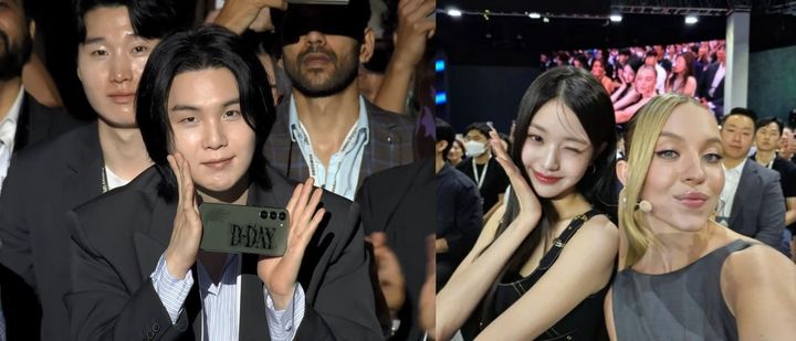 [서울=뉴시스] 26일 서울 강남구 코엑스에서 열린 삼성전자 '갤럭시 언팩' 행사에서 유명 셀럽이 등장해 화제다. 사진 왼쪽은 방탄소년단(BTS) 슈가가 현장에 참석해 자신의 갤럭시 스마트폰을 보이는 장면, 오른쪽은 아이브 장원영(왼쪽)과 미국 유명 배우 시드니 스위니가 함께 갤럭시 Z플립5로 셀카를 찍는 모습 (사진=삼성전자 유튜브 캡처) *재판매 및 DB 금지