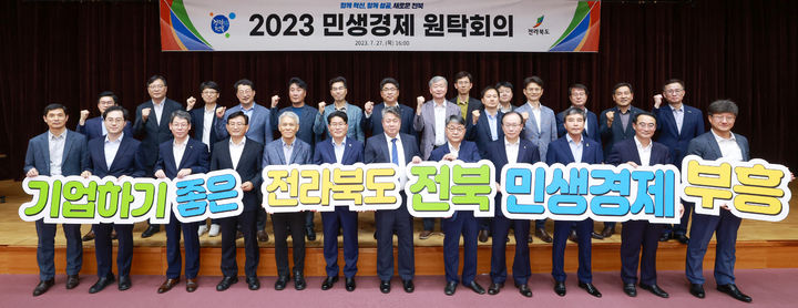 [전주=뉴시스] 전북도, 2023년 첫 민생경제 원탁회의 참석자들이 퍼포먼스를 하고 있다. 2023.07.27 *재판매 및 DB 금지