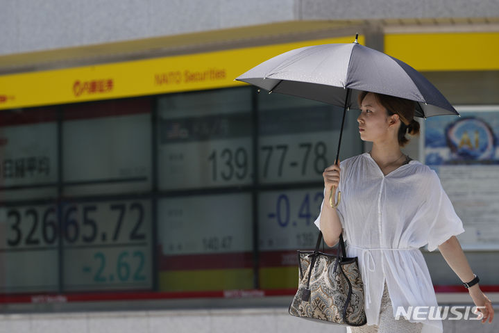 [도쿄=AP/뉴시스]﻿ 국제신용평가사 피치가 미국의 신용등급을 AAA에서 AA+로 하향하면서 아시아증시가 이틀째 하락세를 보이고 있다. 사진은 일본 닛케이225지수와 엔달러 환율을 보여주는 시황판 모습. 2023.08.02.