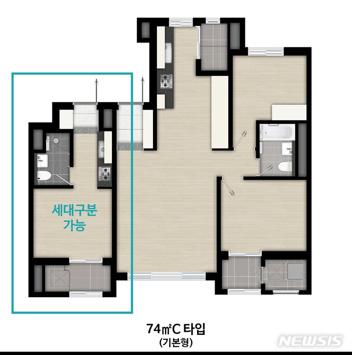 [서울=뉴시스]세대구분형 평면으로 선보이는 74㎡C 타입 평면도.