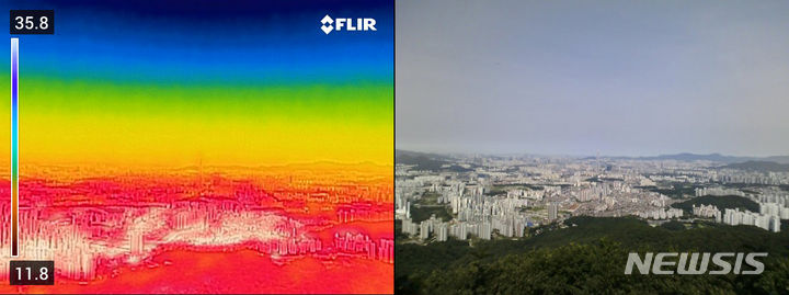 [경기광주=뉴시스] 김명년 기자 = 전국에 폭염특보가 발효된 지난 30일 경기 광주시 남한산성에서 바라본 서울시내와 경기도 일대를 일반카메라와 열화상카메라로 촬영해 합성한 모습. 열화상 카메라로 촬영한 사진은 온도가 높을수록 붉은색, 낮을수록 푸른색을 나타낸다. 2023.07.30. kmn@newsis.com