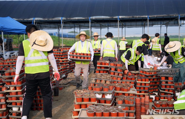 [김제=뉴시스]윤난슬 기자 = 전북대 양오봉 총장을 비롯한 본부 보직자들과 총학생회 학생 등 50여 명은 2일 오전 7시부터 비 피해로 어려움을 겪는 김제시 용지면의 화훼 농가를 찾아 수해 복구 활동을 펼쳤다.2023.08.02.(사진=전북대 제공) 