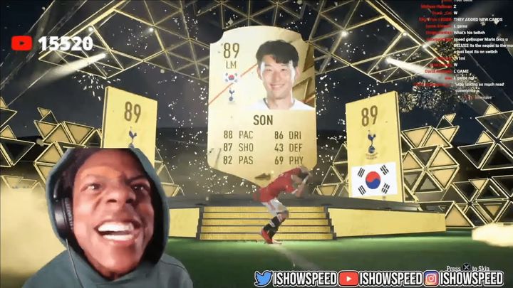 [서울=뉴시스]지난해 6월10일 아이쇼스피드(18·본명 대런 왓킨스 주니어)가 축구 게임 '피파'에서 우리나라 국가대표 축구선수 손흥민 카드를 뽑았다. (사진=유튜브 'FCB Plug' 캡처) 2023.08.07 photo@newsis.com *재판매 및 DB 금지
