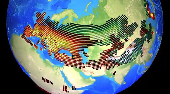 네안데르탈인과 데니소바인의 주 서식지. 네안데르탈인은 붉은색으로 표시된 온대 지역, 데니소바인은 녹색으로 표시된 냉대 지역에 주로 서식했다. 주 인종의 서식지가 겹치는 지점에서 최소 6번의 상호작용이 있었을 것으로 추정된다. (사진=IBS 제공) *재판매 및 DB 금지