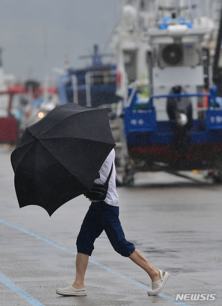 [여수=뉴시스] 이영주 기자 = 제6호 태풍 카눈이 북상하고 있는 10일 오전 전남 여수시 국동항에서 한 어민이 비바람을 맞으며 우산을 쓰고 있다. 2023.08.10. leeyj2578@newsis.com