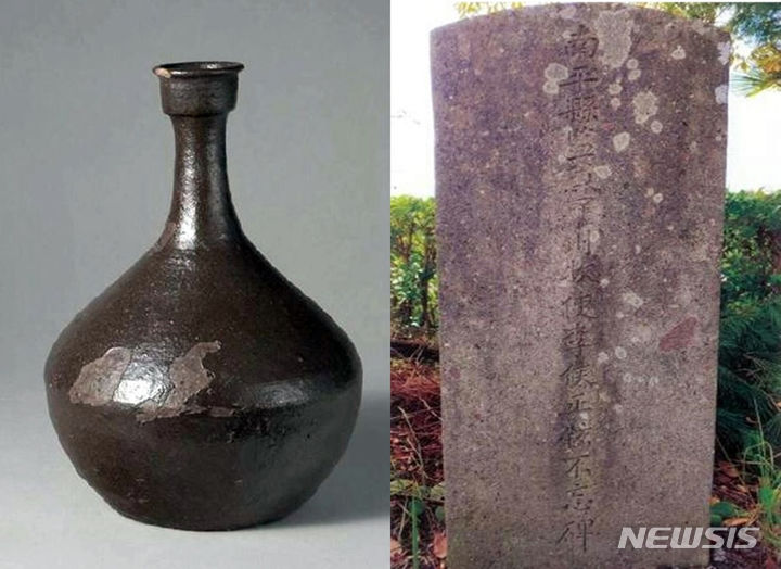 [나주=뉴시스] 이창우 기자=사진 좌측은 프랑스 세브르 국립도자기박물관에 소장된 한국 유물 제1호 옹기주병. 이 병은 지금으로부터 172년 전인 1851년 비금도에 표류한 선원들을 보호해준 조선의 인도주의적 우호에 감사하는 의미로 나주목사 이정현과 기념 만찬을 가진 중국 상하이 주재 프랑스 영사 '샤를 드 몽티니'가 자국으로 가져가 기증헀다. 사진 우측은 조선시대 이정현 나주목사 선정비. (사진=나주시 제공) 2023.08.14. photo@newsis.com *재판매 및 DB 금지