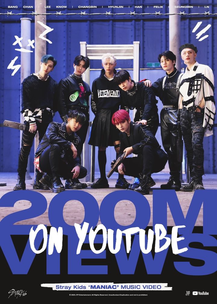 [서울=뉴시스] 스트레이 키즈 '매니악(MANIAC)' 뮤직비디오 유튜브 2억뷰 돌파. 2023.08.16. (사진 = JYP엔터테인먼트 제공) photo@newsis.com *재판매 및 DB 금지