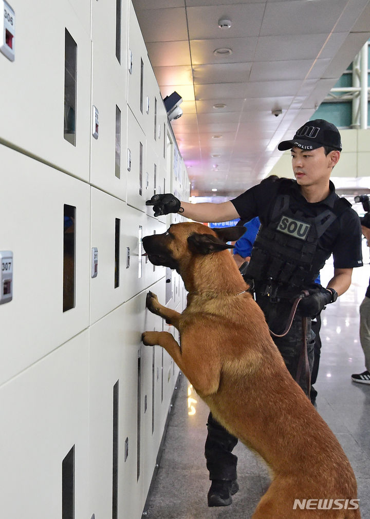 [대구=뉴시스] 이무열 기자 = 고속철도시설 폭발 테러 협박 이메일이 접수된 17일 오전 동대구역에서 경찰특공대와 탐지견이 폭발물 수색을 하고 있다. 2023.08.17. lmy@newsis.com