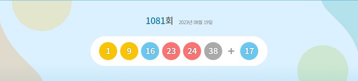 [서울=뉴시스] 19일 제1081회 동행복권 로또 추첨 결과 '1, 9, 16, 23, 24, 38'이 1등 당첨 번호로 결정됐다. 2등 보너스 번호는 '17'이다. (사진=동행복권 홈페이지 캡처) 2023.08.19. photo@newsis.com *재판매 및 DB 금지