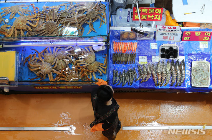 [서울=뉴시스] 권창회 기자 = 22일 오후 서울 동작구 노량진 수산시장에서 상인이 손님을 기다리고 있다. 일본 정부는 도쿄전력 후쿠시마 제1원자력발전소에 저장된 오염수(일본명 처리수)를 24일부터 해양방류한다. 2023.08.22. kch0523@newsis.com