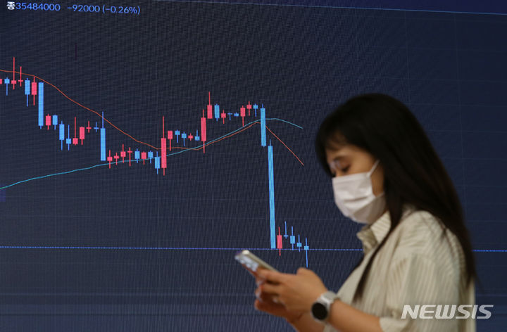 [서울=뉴시스] 최진석 기자 = 비트코인이 지난주 미 연방공개시장위원회(FOMC) 의사록 공개 이후  위험 자산 선호 심리가 위축되며 3500만원대에서 고전하고 있다. 23일 서울 강남구 빗썸 고객지원센터 전광판에 3500만원대를 기록하고 있는 비트코인 시세가 보이고 있다. 2023.08.23. myjs@newsis.com