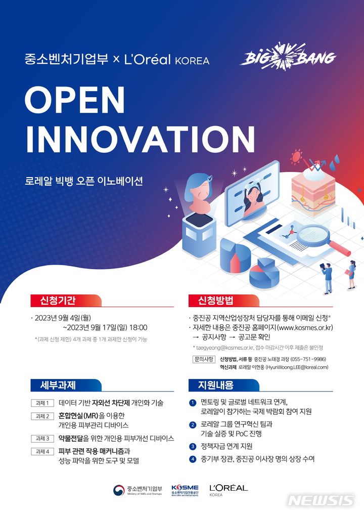 [서울=뉴시스] 중소벤처기업부(중기부)와 로레알 그룹은 지난 6월15일 이영 장관과 라베르노스 R&D(연구개발) 부회장이 파리에서 서명한 업무협약에 근거해 뷰티테크 분야 지원을 위한 중소기업과 스타트업을 모집한다고 3일 밝혔다. 중기부·로레알 '빅뱅 오픈이노베이션'. (포스터=중기부 제공) 2023.09.03. photo@newsis.com