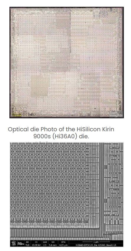 [서울=뉴시스] SMIC 7나노 공정이 적용된 기린9000s(Hi36A0) 칩 광학 사진(왼쪽)과 7나노와 일치하는 비트 셀 크기를 확인하는 웨이퍼 끝단. (사진=테크인사이츠) 2023.09.07. photo@newsis.com *재판매 및 DB 금지