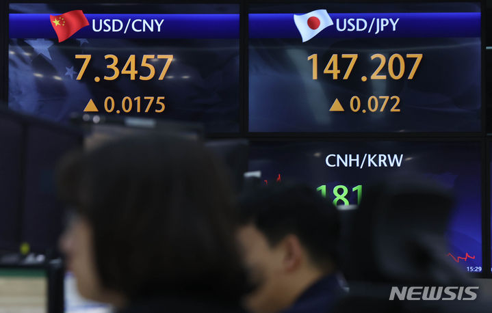 [서울=뉴시스] 조수정 기자 = 8일 달러화가 강세를 보이면서 일본 엔화·중국 위안화 가치가 하락, 연저점을 보이고 있다. 8일 서울 중구 하나은행 딜링룸 전광판에 달러·위안, 달러·엔 환율이 표시되고 있다. 2023.09.08. chocrystal@newsis.com