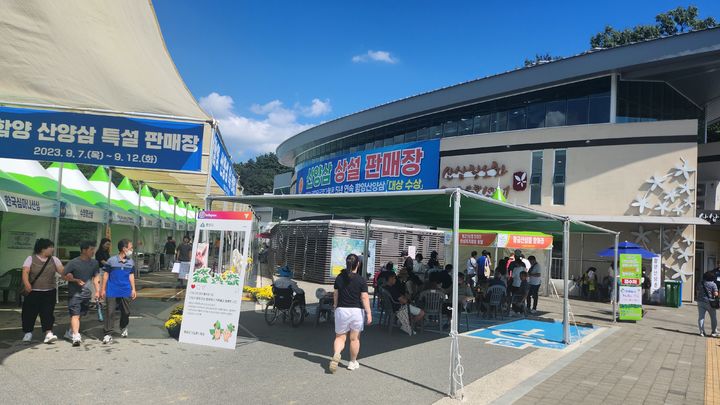[함양=뉴시스] 서희원 기자= 10일 18회 함양산삼축제장을 방문한 관광객들이 산삼항노화 주제관과 함양 산양삼 특설 판매장을 찾고 있다. 2023. 9. 10. shw1881@newsis.com *재판매 및 DB 금지