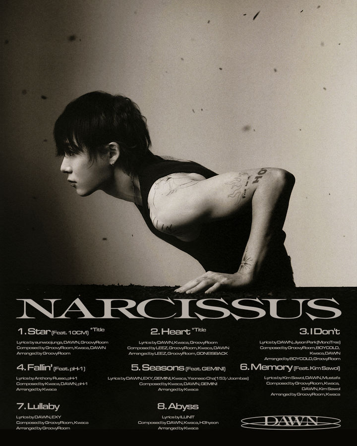 [서울=뉴시스] 가수 던(DAWN) EP '나르시스(Narcissus)' 트랙리스트 이미지. (사진=앳에어리어 제공) 2023.09.12. photo@newsis.com *재판매 및 DB 금지