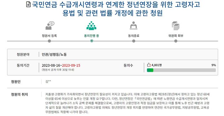 [세종=뉴시스] 한국노동조합총연맹(한국노총)이 국민연금 수급개시연령과 정년을 맞추는 내용의 국회 국민동의청원 목표 5만명을 14일 오후 달성했다고 밝혔다. 2023.09.14. (자료=국회 국민동의청원 홈페이지 갈무리) *재판매 및 DB 금지