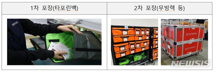 [서울=뉴시스]면세업계가 면세품 포장시 일회용품을 줄이기 위해 비닐완충재 대신 재사용이 가능한 타포린백(왼쪽)으로 포장을 하고, 면세품을 보세구역으로 운송 시에는 알루미늄 프레임을 활용한 무빙렉이나 견고한 상자(오른쪽) 등을 활용할 계획이다.(사진=환경부 제공)2023.09.15.