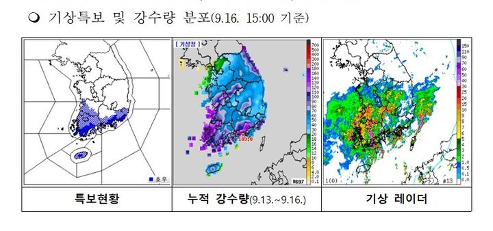 16일 오후 3시 기준 기상특보 및 강수량 분포.(자료=경남도 제공) *재판매 및 DB 금지