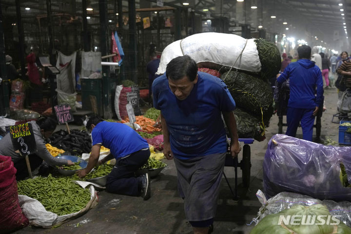 [리마=AP/뉴시스] 지난 6월 6일 새벽(현지시간) 페루 리마 외곽의 농산물 도매시장에서 한 짐꾼이 채소 수레를 끌고 있다. 페루 통계 기관 INEI는 페루의 인플레이션이 8.09%로 수십 년 만에 최고치를 기록했다고 발표했다. 2022.06.07. *재판매 및 DB 금지