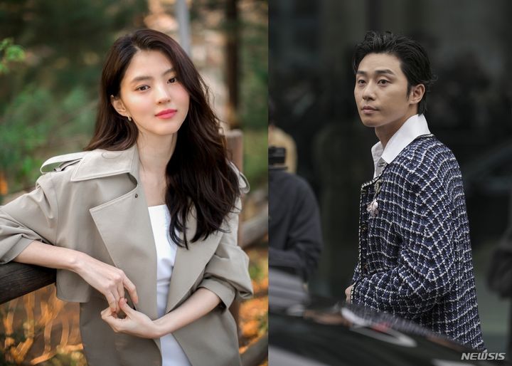 [서울=뉴시스] 한소희(왼쪽), 박서준. (사진=나인아토엔터테인먼트, AP통신 제공) 2023.09.20. photo@newsis.com *재판매 및 DB 금지