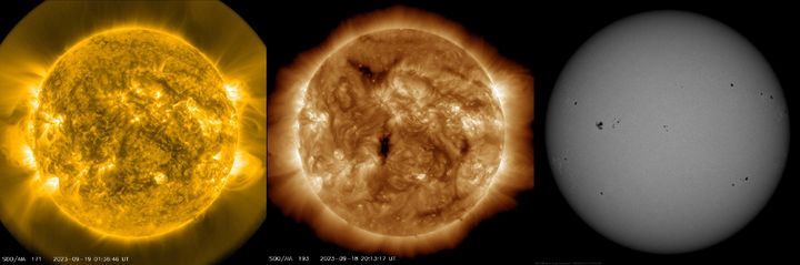 SDO AIA 193 위성, SDO AIA 171 위성, SDO HMI Continuum 위성으로 촬영한 최근 태양의 모습. (사진=우주전파센터) *재판매 및 DB 금지