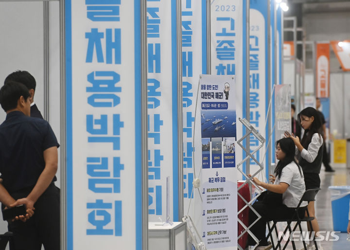 [수원=뉴시스] 김종택기자 = '2023 고졸채용박람회'가 열린 21일 경기도 수원시 권선구 수원메쎄에서 취업을 준비중인 고등학생들이 진로 및 채용상담 부스를 둘러보고 있다. 2023.09.21. jtk@newsis.com