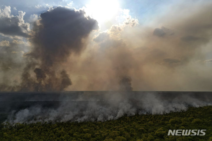 [AP/뉴시스] 브라질 북동부 바히아주 서부지역인 세라 다 반데이라스 삼림이 때늦은 겨울의 고온현상으로 인해 일어난 산불로 9월 21일 불타고 있다. 2023.09.22. 