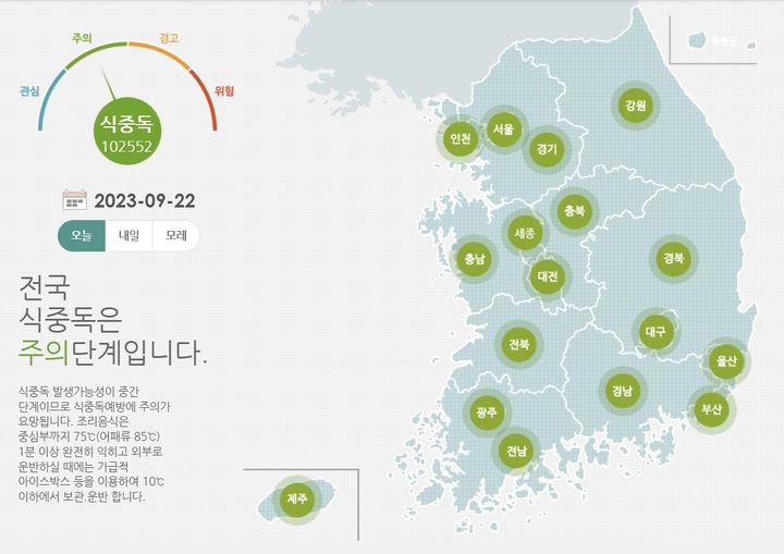 [서울=뉴시스] 23일 식품의약품안전처에 따르면 최근 5년 동안 가을철에 발생한 식중독은 모두 341건으로 환자 수는 9236명인 것으로 집계됐다. (사진=식중독 예측지도) 2023.09.22. photo@newsis.com *재판매 및 DB 금지