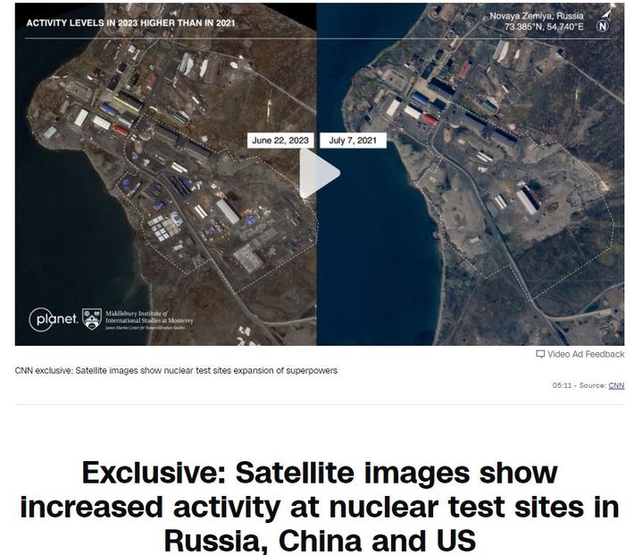 [서울=뉴시스]러시아, 미국, 중국 등 3대 핵강국 간 긴장이 수십년만에 최고조에 달한 가운데 이들이 최근 몇 년 간 핵실험장에 새 시설을 건설하고, 새 터널을 파고 있다고 CNN이 단독 입수한 위성사진 분석을 통해 22일 보도했다. <사진 출처 : CNN 캡처> 2023.09.22.