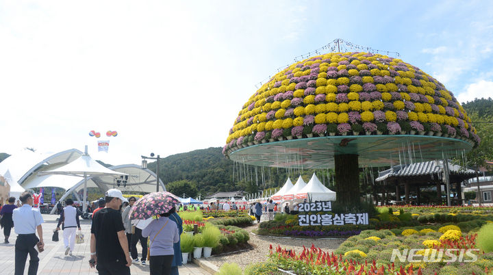 [진안=뉴시스] 김얼 기자 = 2023 진안 홍삼축제 개막일인 22일 전북 진안군 마이산 북부 일원에 대형 조형물이 아름답게 꾸며져 있다. 2023.09.22. pmkeul@nwsis.com