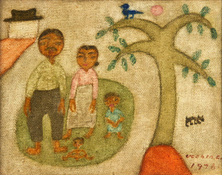 [서울=뉴시스] 박진희 기자 = '가족'(1976) 작품. 원형으로 구획한 공간 안에 부부와 아이들을 그린 ‘가족’을 그리고 있다. 이 작품은 장욱진의 일반적인 ‘가족도’ 형식에서 벗어나 있는데, 가족들이 모두 집 안에 있는 모습이나 생략된 선과 단순한 형태의 조형 방식을 취하지 않았다. 작품 속 가족은 야외를 배경으로 마치 기념 사진을 찍듯 정면을 응시하고 있으며, 인물들, 특히 부부에 대한 묘사가 비교적 상세하다. 전반적으로 밝은 색조로 표현되었는데 이는 12년간의 덕소 생활을 청산하고 가족이 있는 서울 명륜동 집에 살면서 오랜만에 가족과 함께하는 여유로움을 반영한 것으로 보인다. (사진=국립현대미술관 제공) 2023.09.29. photo@newsis.com *재판매 및 DB 금지