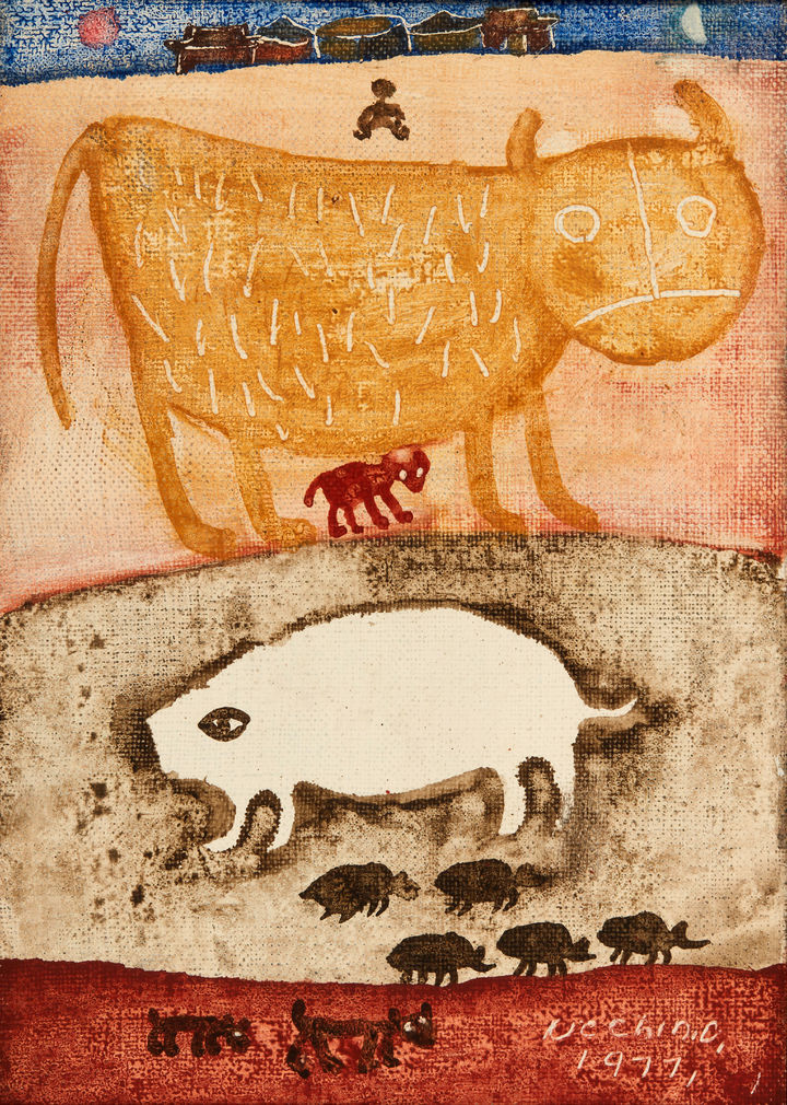 [서울=뉴시스] 박진희 기자 = '소와 돼지'(1977). 장욱진의 그림에는 일찍부터 한 울타리 안에 사람과 소, 돼지, 닭 등이 정겹게 등장하는 것을 볼 수 있다. 눈동자를 강조한 통통한 애호박 같은 독특한 돼지의 형상과 어눌한 표정의 네모난 엉덩이를 가진 소가 반복적으로 표현된다. 장욱진은 제자가 건강을 염려하며 건넨 약병아리를 닭으로 잘 키워 제자에게 닭이 낳은 달걀을 되돌려 줄 만큼 동물을 좋아하며 한 가족으로 대했다. (사진=국립현대미술관 제공) 2023.09.29. photo@newsis.com *재판매 및 DB 금지