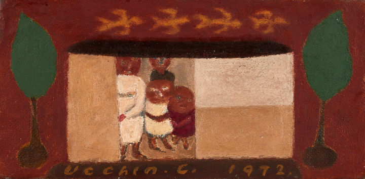 [서울=뉴시스] 박진희 기자 = '가족도'(1972) 작품. 화가의 가족으로 보이는 사람들이 밖을 내다보는 장면을 표현한 이 작품은 옆에 전시된 1955년작 '가족'이 그리워 거의 유사한 구도와 색조, 모티프를 사용해 그린 작품으로 알려져 있다. 화가의 작품에서 가족이 함께하는 집은 1951년 전쟁을 피해 고향인 충남 연기군에 피란해 있을 때 처음 그려진 이후 덕소 시기(1963-75)에 자주 그려진다. 가족에 대한 그리움과 함께 살고 싶은 소망이 두터운 질감과 함께 표현되어 있다. (사진=국립현대미술관 제공) 2023.09.29. photo@newsis.com *재판매 및 DB 금지