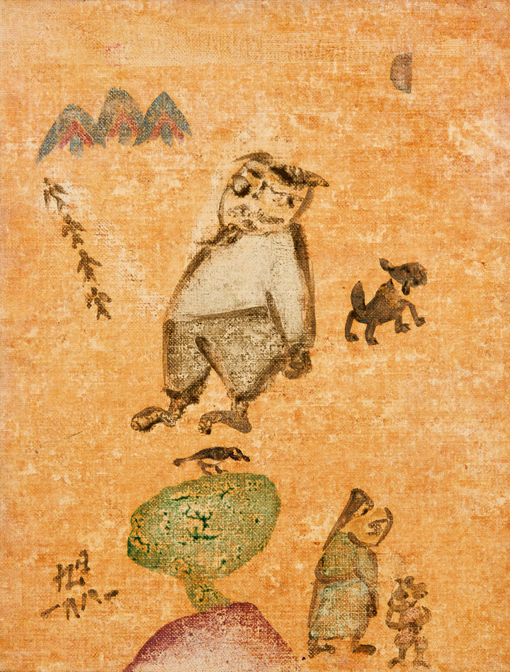 [서울=뉴시스] 박진희 기자 = '가족'(1981) 작품에서 화가의 모습은 발밑의 나무가 왜소해 보일 만큼 거대한 크기로 화면의 중앙을 차지하고 있다. 뒷짐을 진 채 아래에 있는 화가의 부인을 곁눈질하는 표정이 다소 익살스럽다. 나무의 크기를 압도할 정도로 화가의 모습이 크게 그려진 모습은 이 작품 외에는 찾기 어렵다. 이에 대해 화가의 부인은 ‘이 무렵부터 화가가 조금씩 당당해졌다.’고 회상했고, 장욱진 스스로도 ‘덕소 시절까지 진 빚을 수안보에서 처음 갚았다.’고 술회한 적이 있다. 가족에 대한 미안함을 잊고 당당해진 화가의 모습이 과장된 크기의 대비로 유머러스하게 표현된 작품이다. (사진=국립현대미술관 제공) 2023.09.29. photo@newsis.com *재판매 및 DB 금지