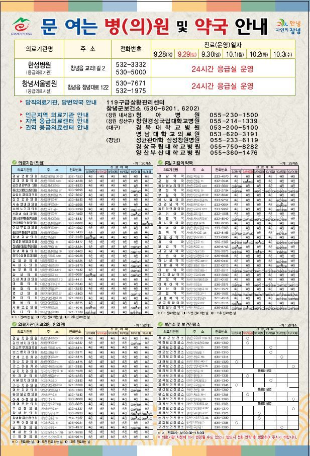 창녕군, 추석 문여는 병의원 및 약국 안내 포스터. (사진=창녕군 제공) *재판매 및 DB 금지