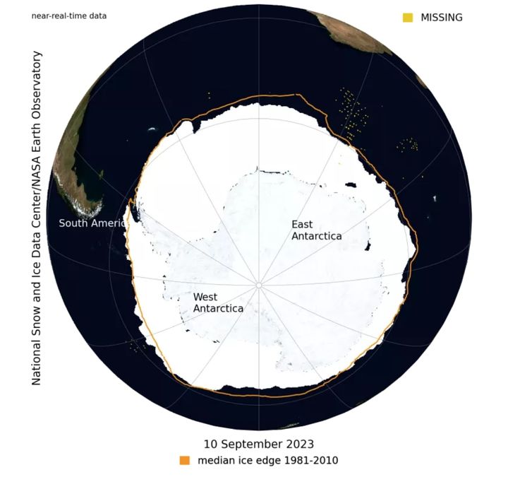 [서울=뉴시스] 남극 해빙(바다 얼음)의 면적이 사상 최소치를 기록했다고 미국 국립빙설데이터연구소(NSIDC)가 25일(현지시간) 발표했다. 사진은 지난 9월10일 측정한 올해 최대 면적에 도달한 남극 해빙의 모습. (사진=미국 국립빙설데이터연구소) 2023.09.26. *재판매 및 DB 금지