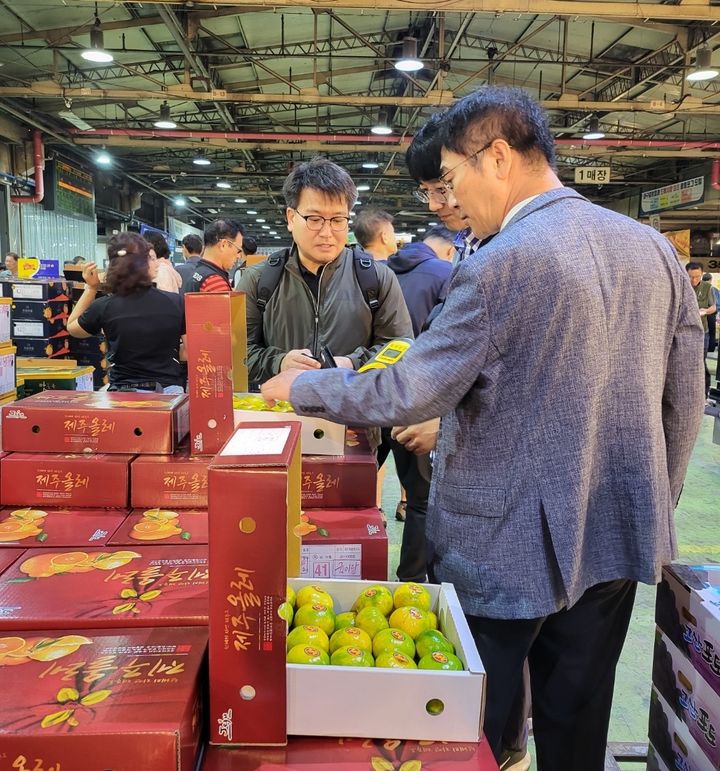 [제주=뉴시스] 제주도 관계자들이 26일 오전 대구북부 도매시장에서 감귤 유통 상황을 점검하고 있다. (사진=제주도 제공) 2023.09.26. photo@newsis.com *재판매 및 DB 금지