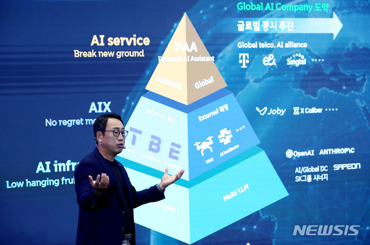 [서울=뉴시스] 김진아 기자 = 유영상 SK텔레콤 사장이 26일 서울 중구 T타워 수펙스홀에서 SKT AI 사업전략 기자간담회를 하고 있다. SK텔레콤은 AI를 중심으로 자체 경쟁력 강화와 전방위 협력을 통해 명실상부한 ‘글로벌 AI 컴퍼니’로 도약하겠다고 밝혔다.2023.09.26. bluesoda@newsis.com