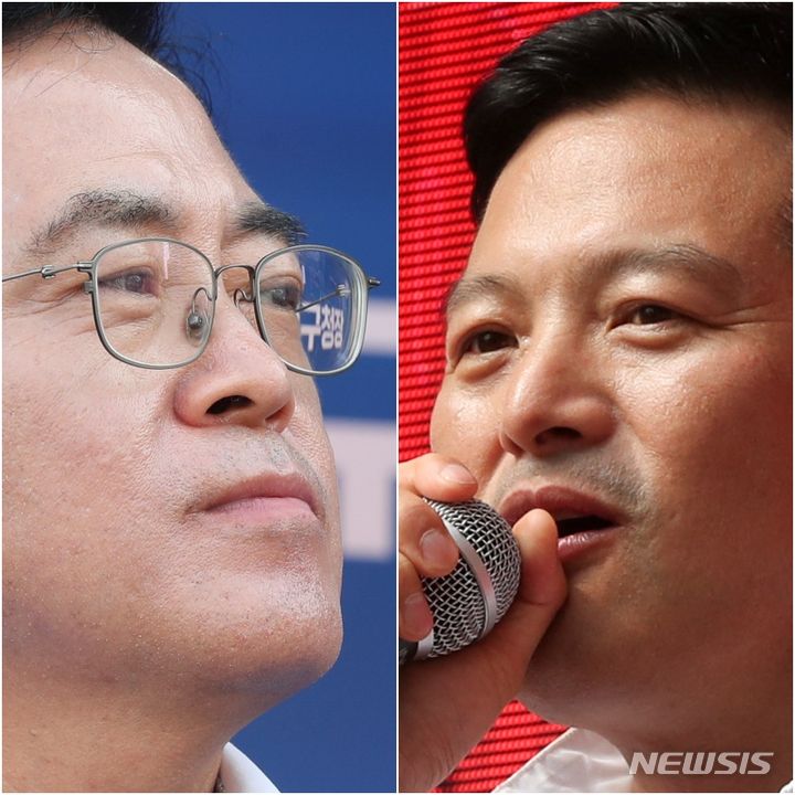 [서울=뉴시스] 김근수 기자 = 진교훈 더불어민주당 강서구청장 후보자와 김태우 국민의힘 강서구청장 후보자가 28일 오전 서울 강서구 발산역과 화곡역 인근에서 서울 강서구청장 후보자 출정식을 가졌다. 사진 왼쪽은 진교훈 더불어민주당 후보자, 오른쪽은 김태우 국민의힘 후보자 모습. 2023.09.28. ks@newsis.com