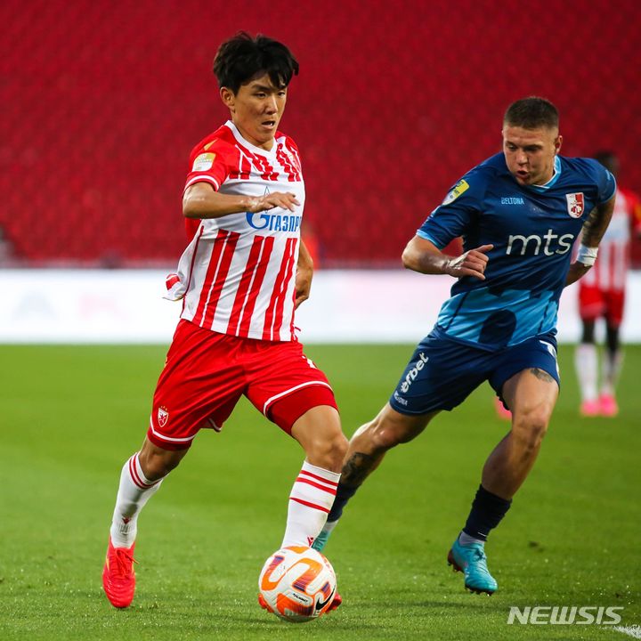 [서울=뉴시스] 즈베즈다 미드필더 황인범이 1일(한국시간) 세르비아 베오그라드의 라이코 미티치 스타디움에서 열린 니슈와의 2023~2024 수페르리가 10라운드 1-0 승리 홈 경기에 출전해 드리블하고 있다. (사진=즈베즈다 SNS 캡처) *재판매 및 DB 금지