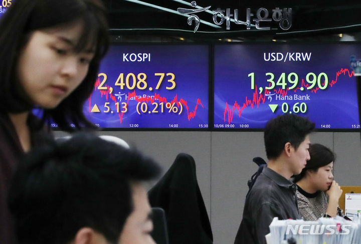 [서울=뉴시스] 김진아 기자 = 6일 오후 서울 중구 하나은행에서 딜러들이 업무를 보고 있다. 이날 코스피는 전 거래일(2403.60)보다 5.13포인트(0.21%) 오른 2408.73에 장을 마쳤다. 코스닥지수는 전 거래일(801.02)보다 15.37포인트(1.92%) 상승한 816.39에 거래를 종료했다. 서울 외환시장에서 원·달러 환율은 전 거래일(1350.5원)보다 0.6원 내린 1349.9원에 마감했다. 2023.10.06. bluesoda@newsis.com