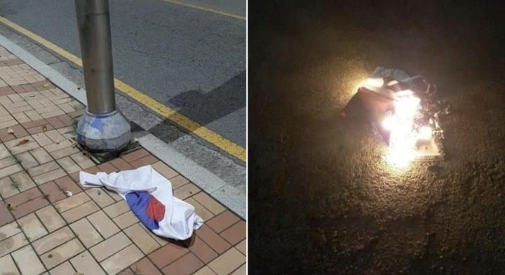 [서울=뉴시스] 지난 8일 한 온라인 커뮤니티에 "화가 나서 견딜 수 없다"며 태극기를 불태운 글이 올라와 경찰이 작성자 추적에 나섰다. 10일 경찰에 따르면 서울 영등포경찰서는 온라인 커뮤니티에 길가에 걸린 태극기를 끌어내려 불을 붙인 사진 여러 장을 게시한 작성자 A씨에 대한 입건 전 조사를 진행 중이다. (사진=온라인 커뮤니티 갈무리) 2023.10.10. photo@newsis.com *재판매 및 DB 금지